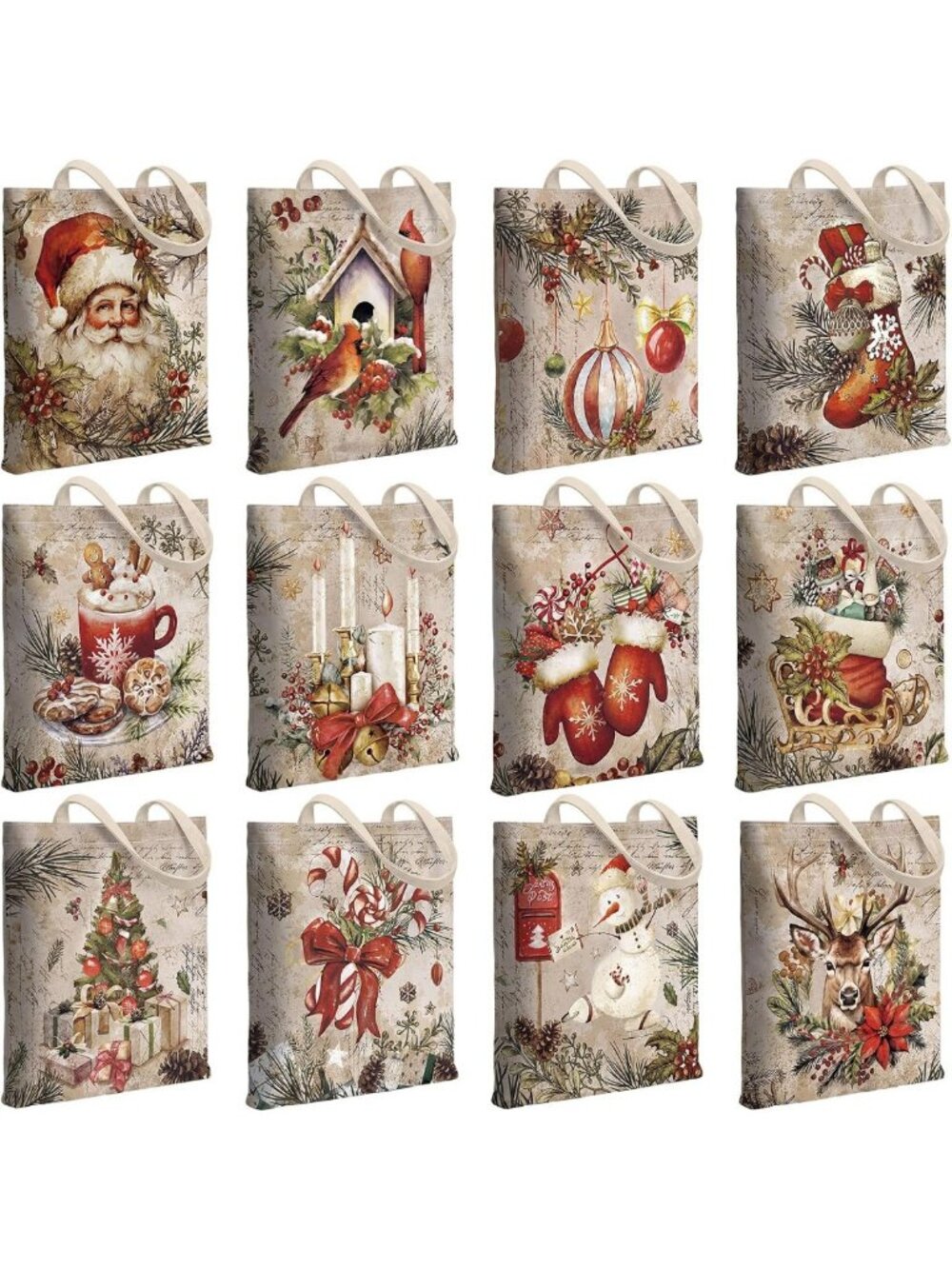 12 Pcs Vintage Christmas Tote Bags - Reusable Canvas Gift Bags with Handles